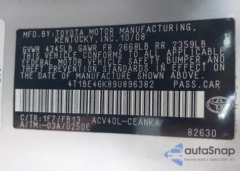 2009 Toyota Camry Le from USA, damaged, VIN 4T1BE46K89U896382